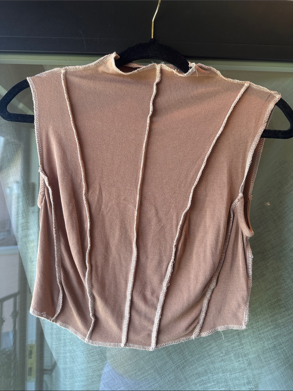 Sleeveless Mock Neck Ribbed Top in Beige